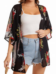 Floral Print Chiffon Kimono Beachwear Loose Casual Cardigan
