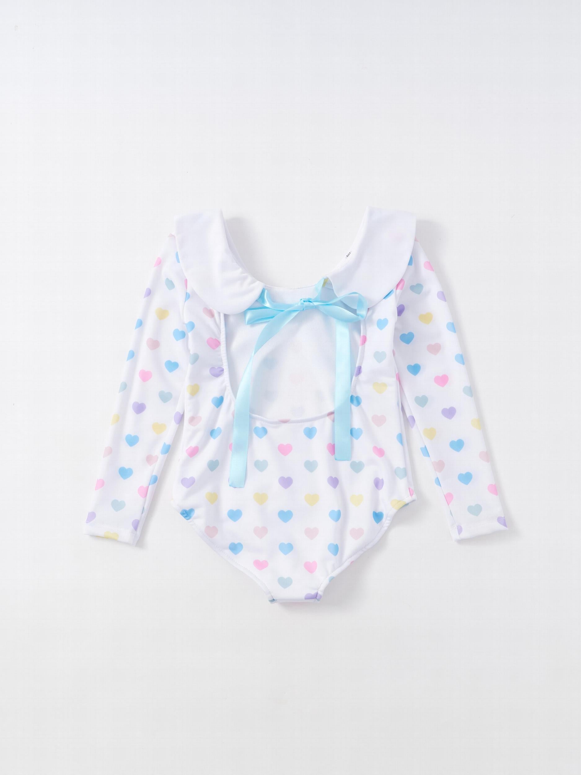 Girl's Heart Print Swimsuit Doll Collar Long Sleeve Bathing Suit