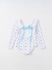Girl's Heart Print Swimsuit Doll Collar Long Sleeve Bathing Suit