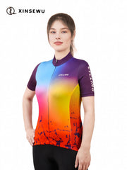 Women's Block Full Zipper Cycling Jersey Short Sleeve