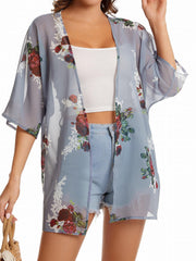 Floral Print Chiffon Kimono Beachwear Loose Casual Cardigan