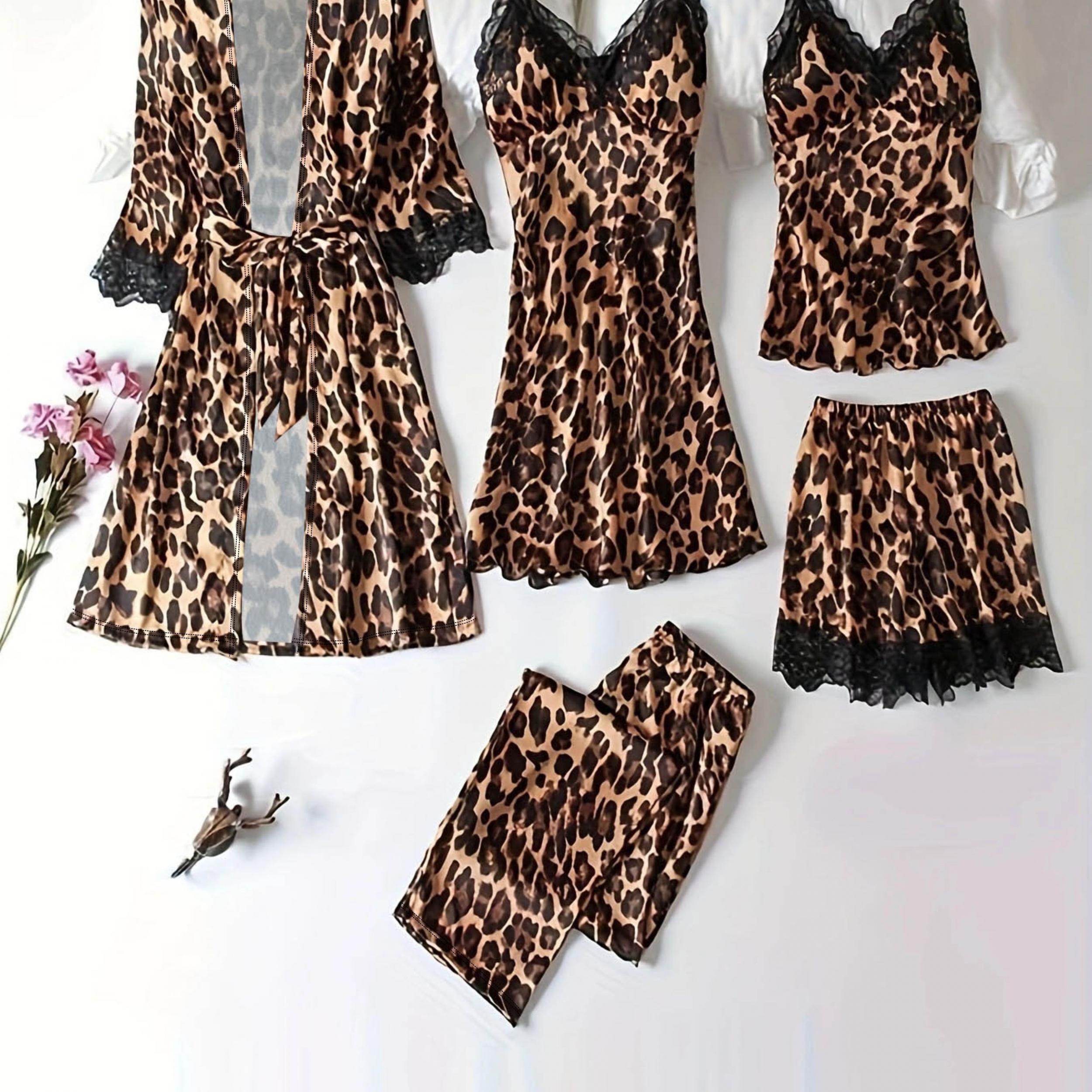 Sexy Leopard Print Lace Robe & Cami Dress Set