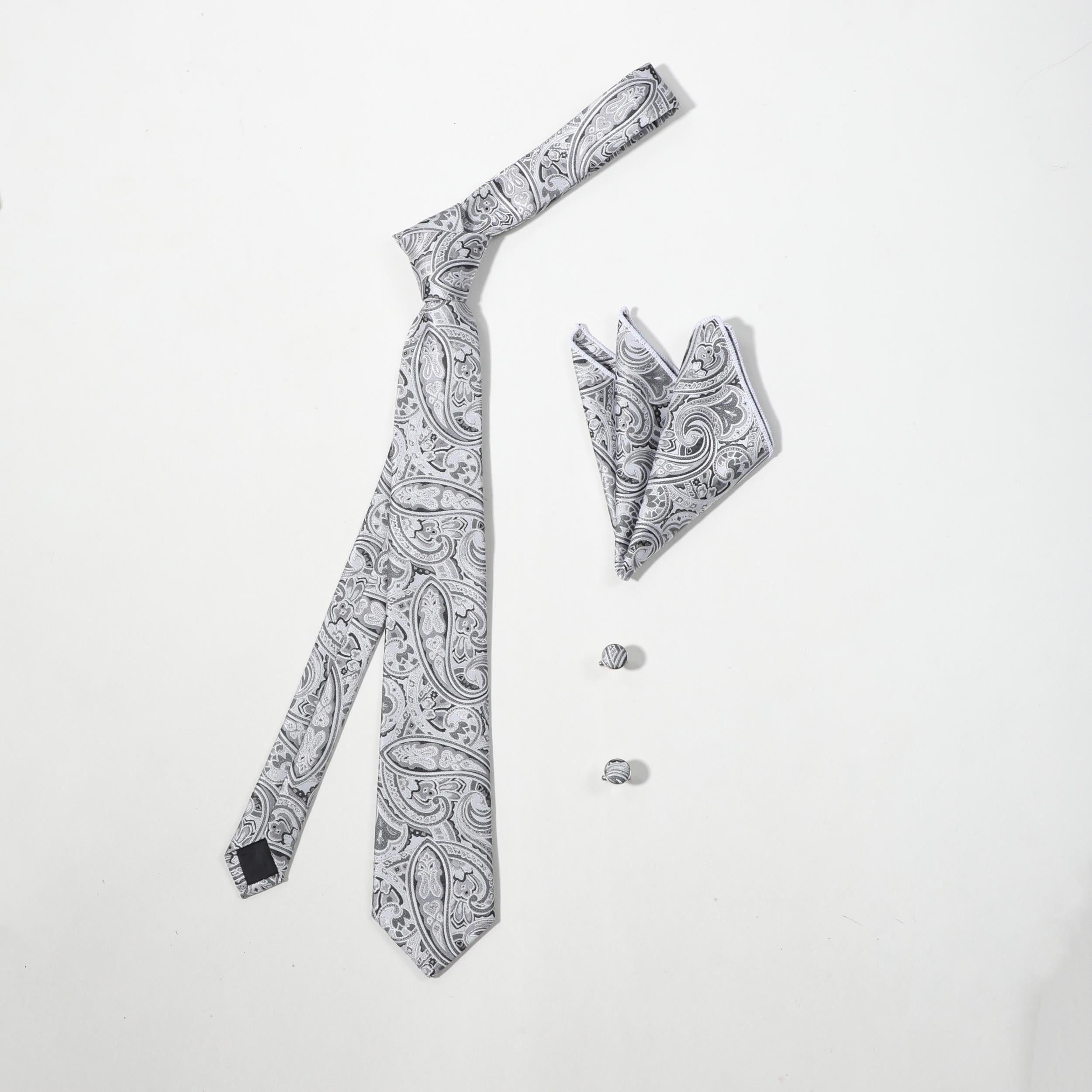 4pcs Silvery Paisley Jacquard Tie Set with Lapel Pin Brooch
