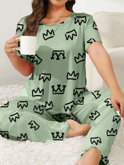 Crown Print Lounge Set Short Sleeve Tee & Pants Two Piece Set