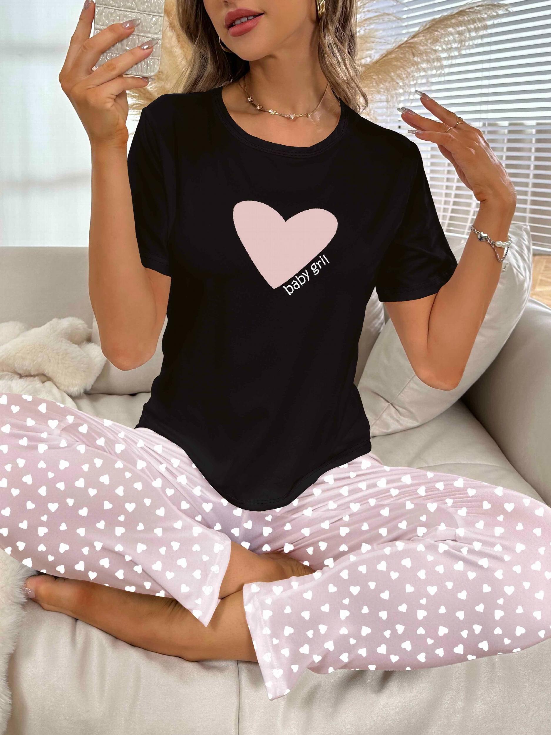 Heart Print Pajama Set Short Sleeve Crew Neck Top & Pants