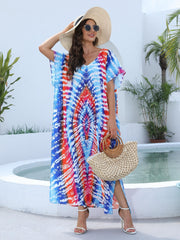 Tie Dye Batwing Sleeve V Neck Split Kaftan Maxi Cover Up Dress