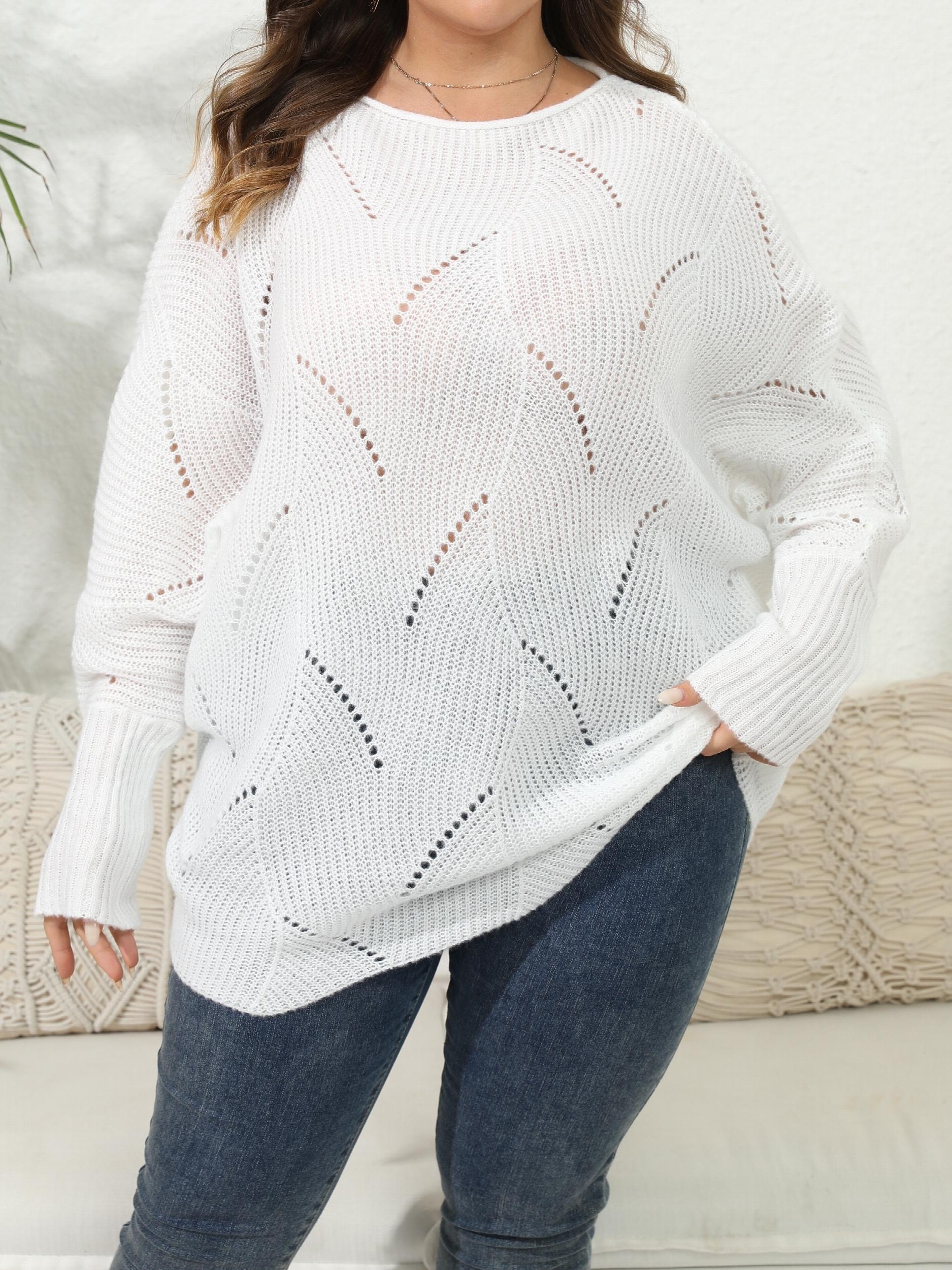Casual Sweater Women's Plus Solid Eyelet Embroidered Bat Sleeve Round