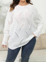 Casual Sweater Women's Plus Solid Eyelet Embroidered Bat Sleeve Round
