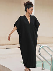 Solid Bat Sleeve V Neck Beach Cover Up Dress