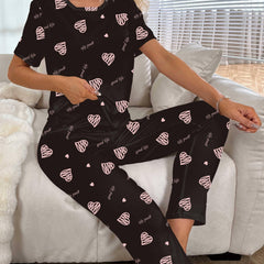 Heart Print Pajama Set Short Sleeve Top & Pants
