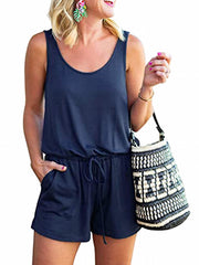 Solid Drawstring Romper Casual Sleeveless Romper