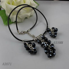 Black Leather Crystal Grape Necklace Set