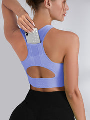 Women's Hollow Out Back Sport Bra With Pocket High Impact Running Yoga Tank Top