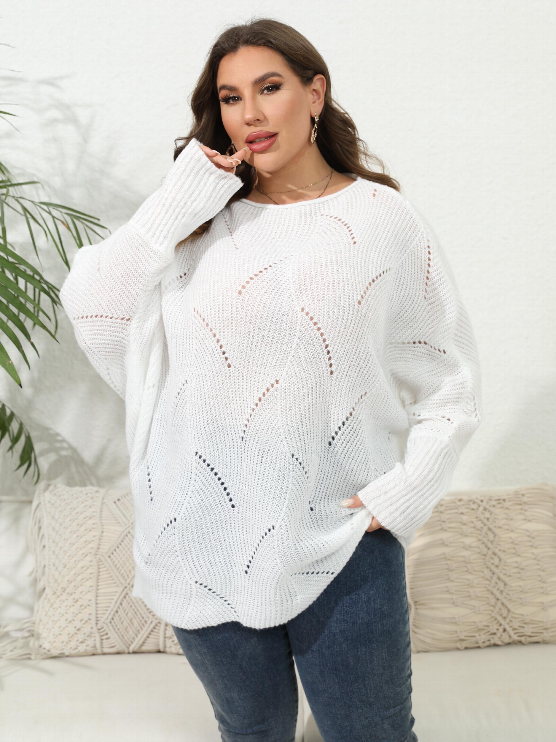 Casual Sweater Women's Plus Solid Eyelet Embroidered Bat Sleeve Round