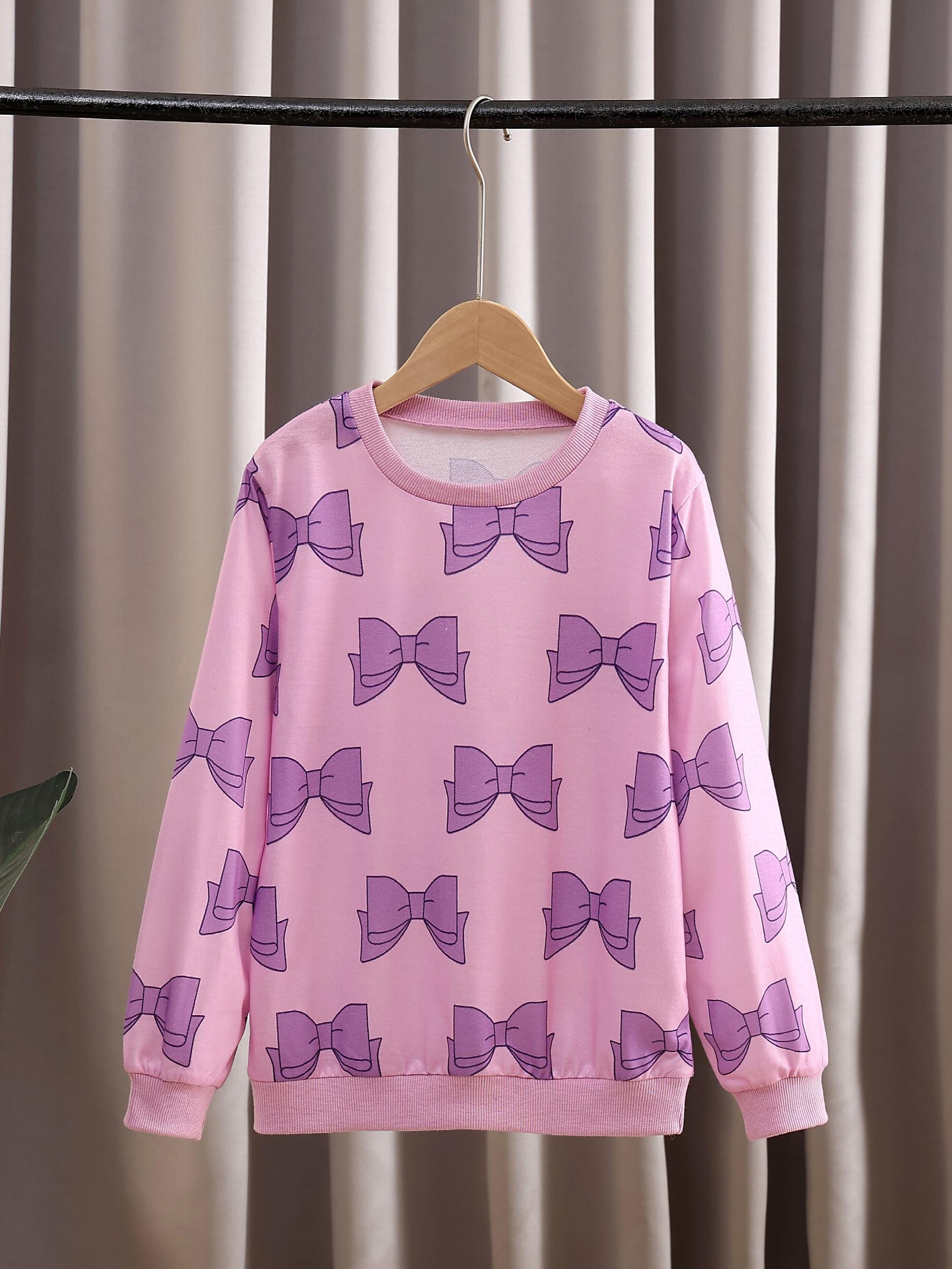 Girls Bow Print Crew Neck Sweatshirt Long Sleeve Pullover Top