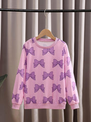 Girls Bow Print Crew Neck Sweatshirt Long Sleeve Pullover Top