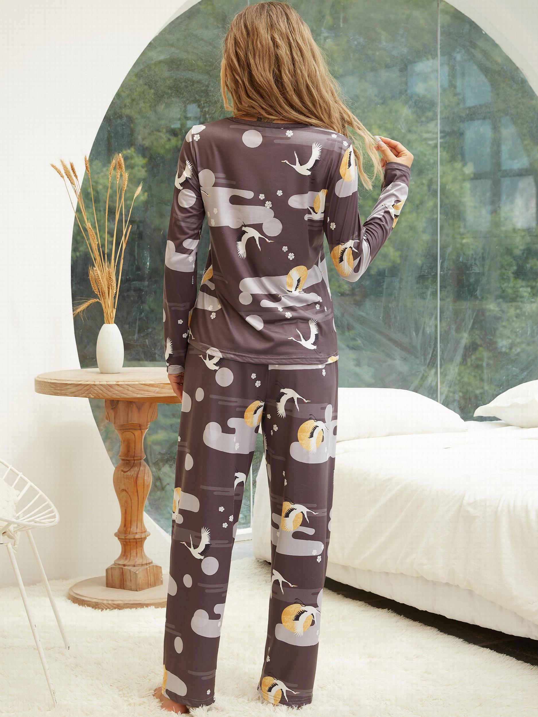 Crane Print Lounge Set Long Sleeve Top & Pants Women's Loungewear