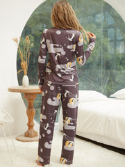 Crane Print Lounge Set Long Sleeve Top & Pants Women's Loungewear