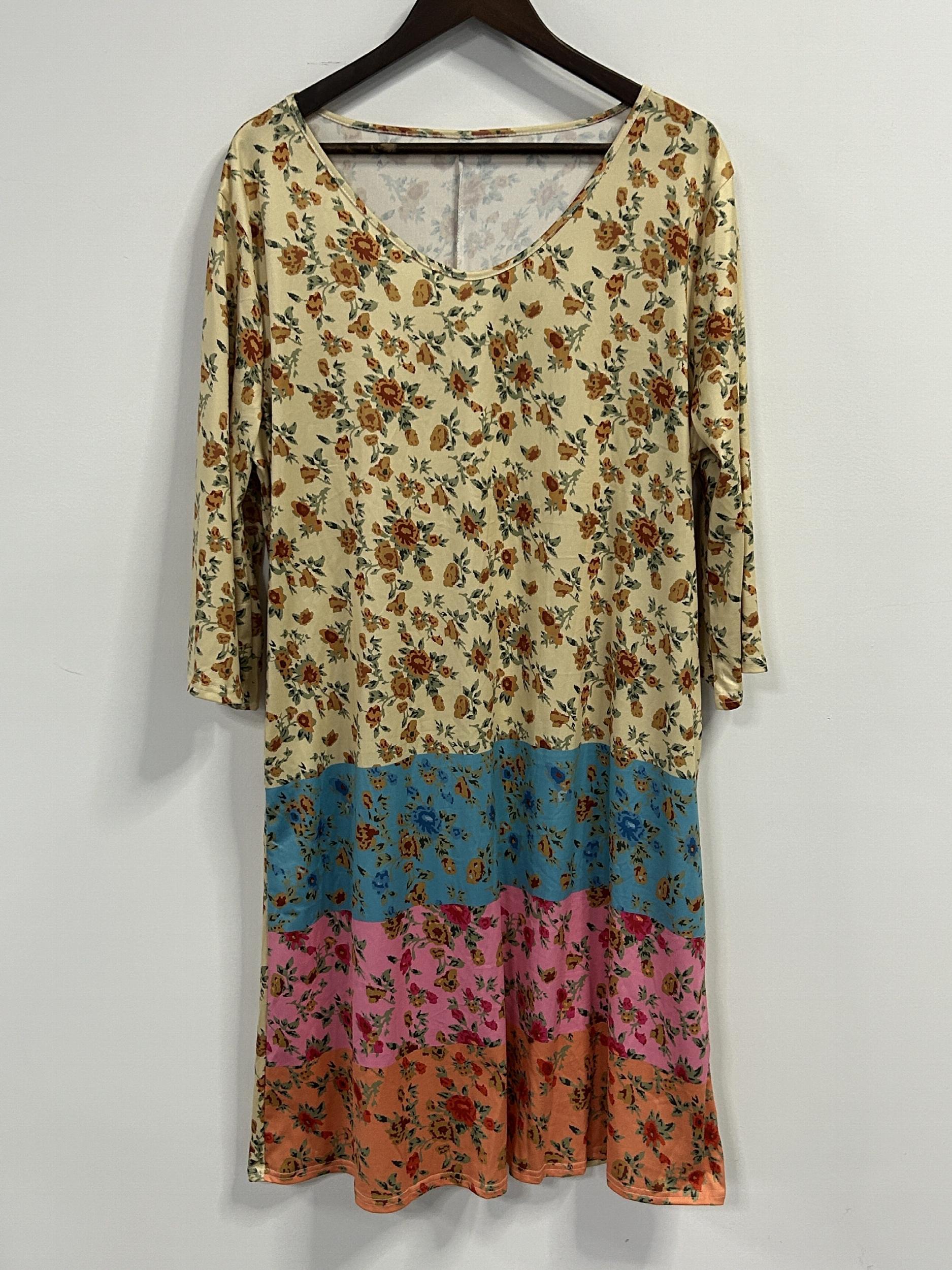 Women's Plus Colorblock Floral Print Half Sleeve Round Neck Dress