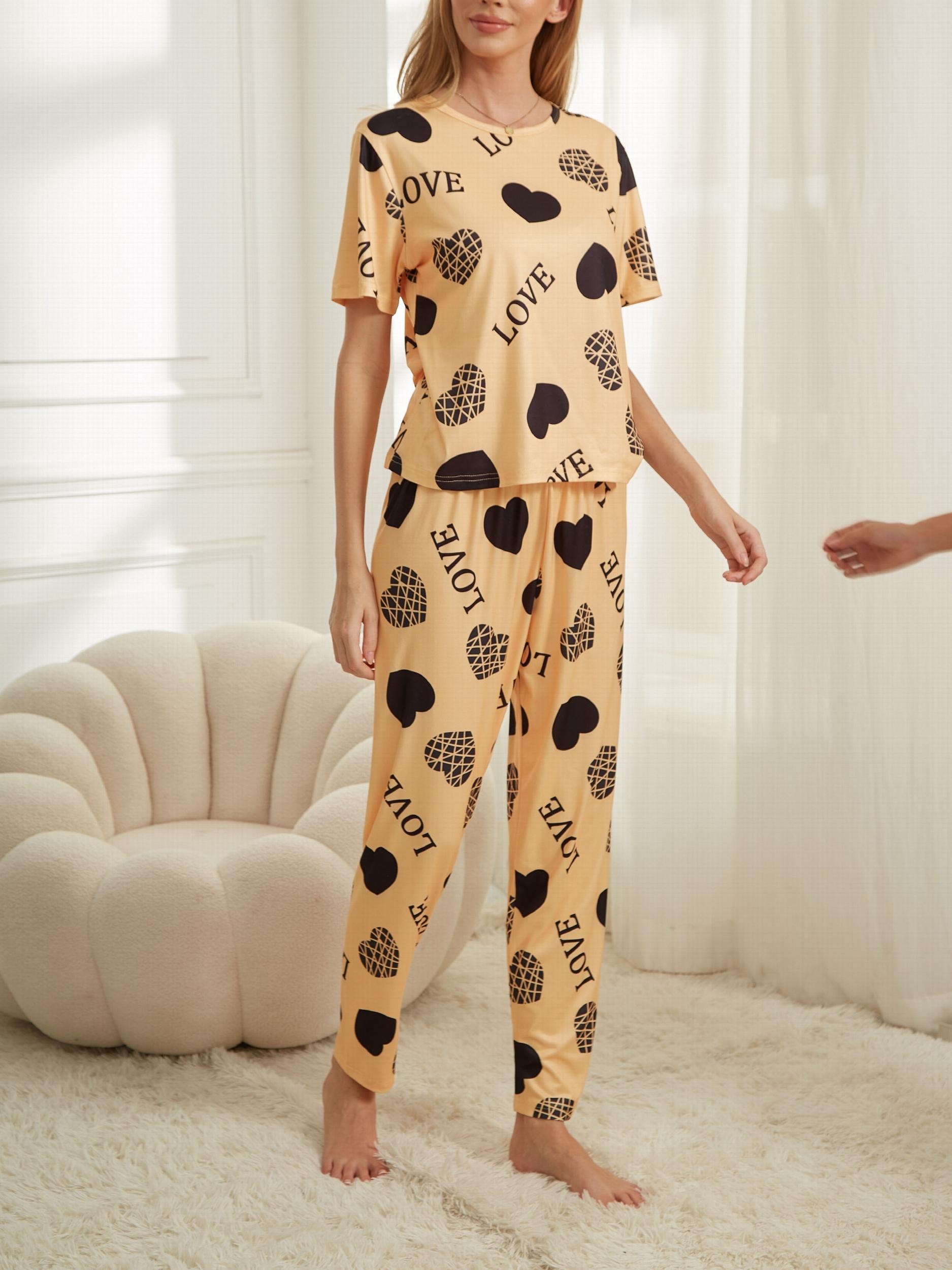 Heart Print Pajama Set Short Sleeve Top & Pants Women's Sleepwear