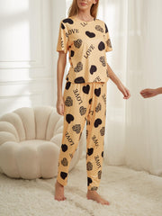 Heart Print Pajama Set Short Sleeve Top & Pants Women's Sleepwear