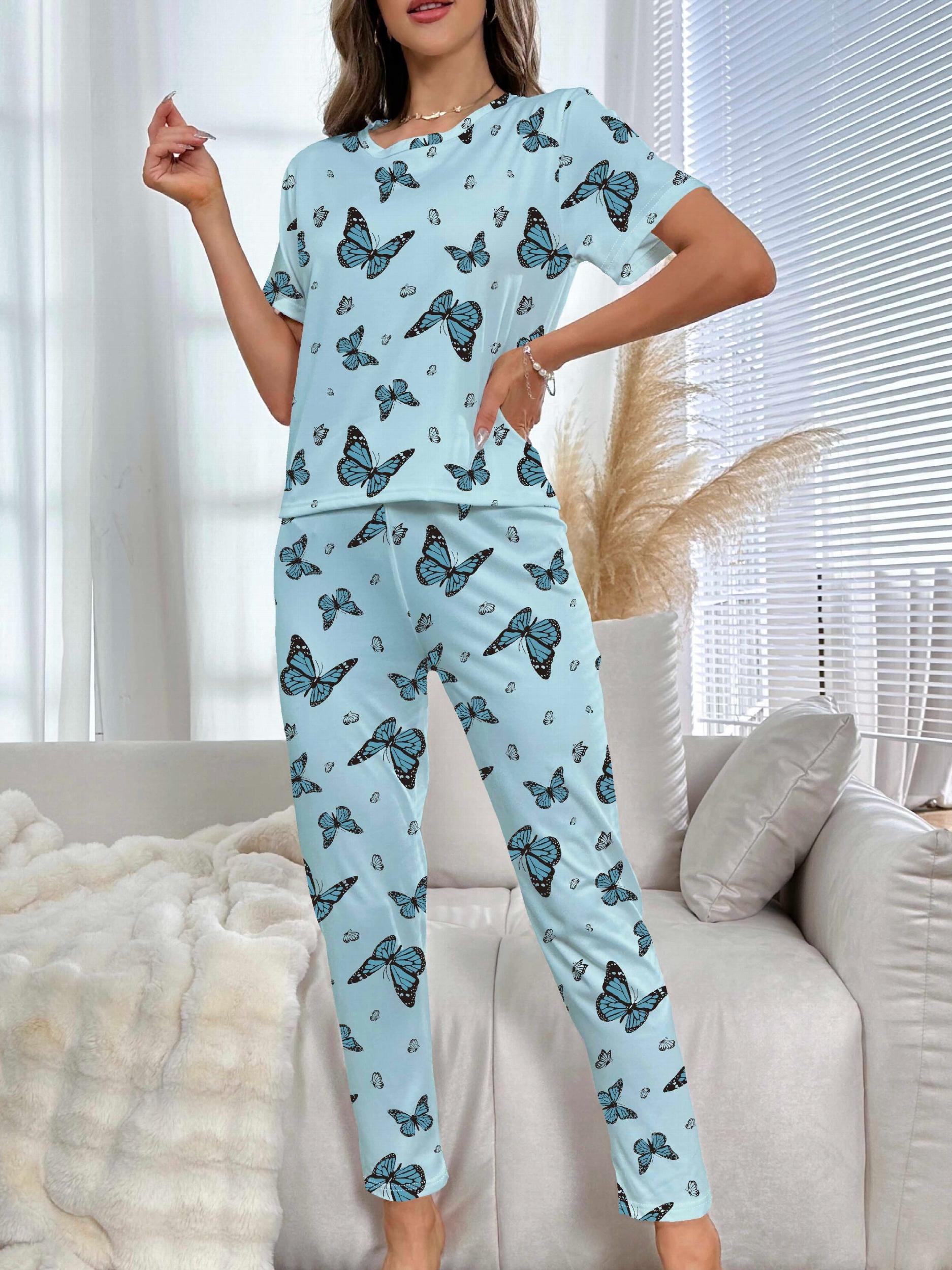 Butterfly Print Pajama Set Short Sleeve Top & Elastic Waistband Pants