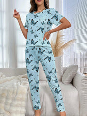 Butterfly Print Pajama Set Short Sleeve Top & Elastic Waistband Pants