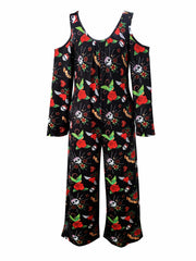 Skull & Floral Print Cold Shoulder Jumpsuit