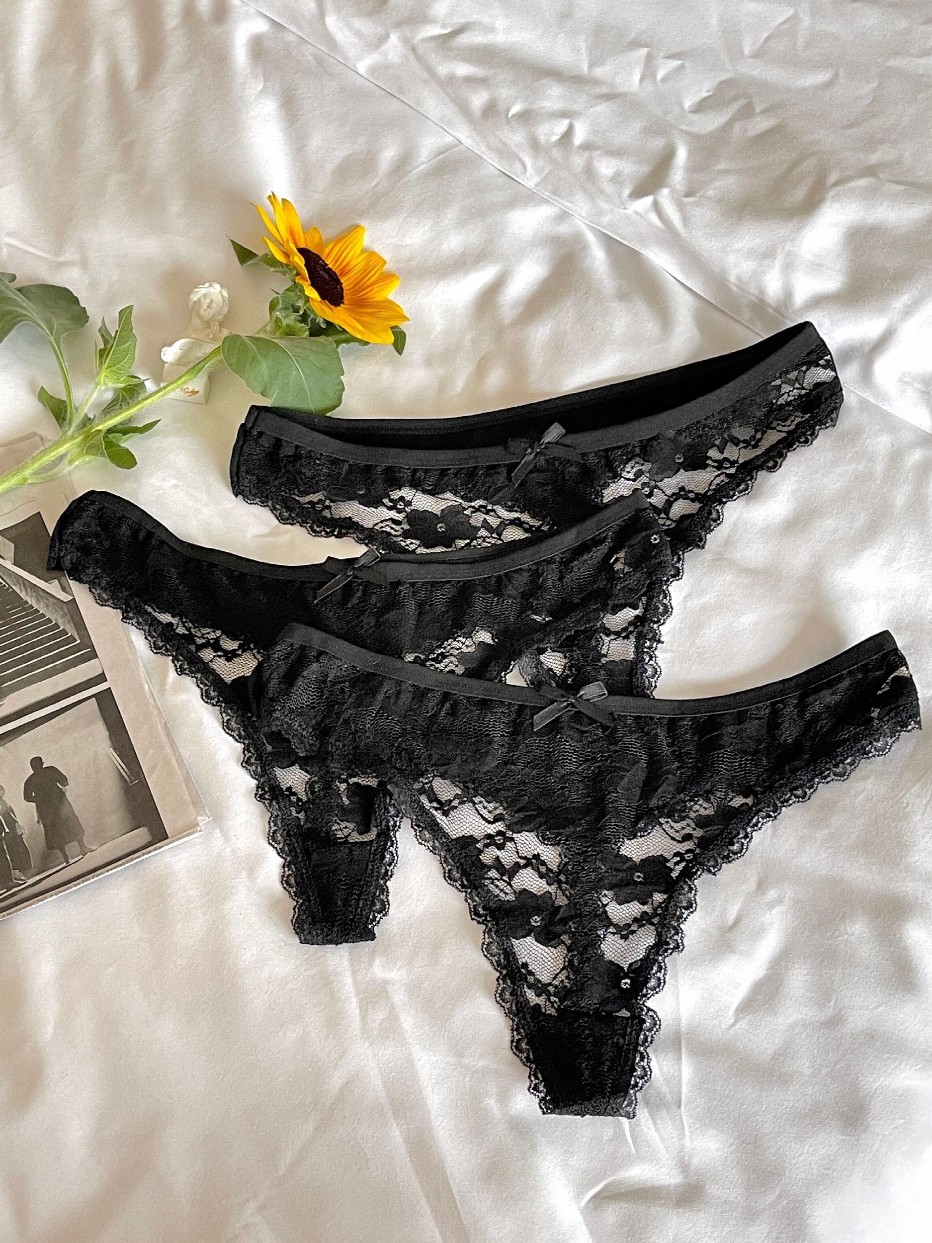 3pcs Floral Lace Mesh Thongs Comfy Intimates Panties Women's Lingerie