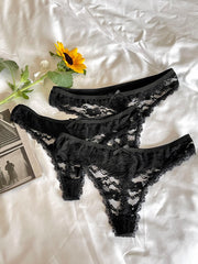3pcs Floral Lace Mesh Thongs Comfy Intimates Panties Women's Lingerie