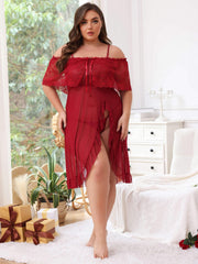 Lace Cold Shoulder Ruffle Trim Mesh Dress