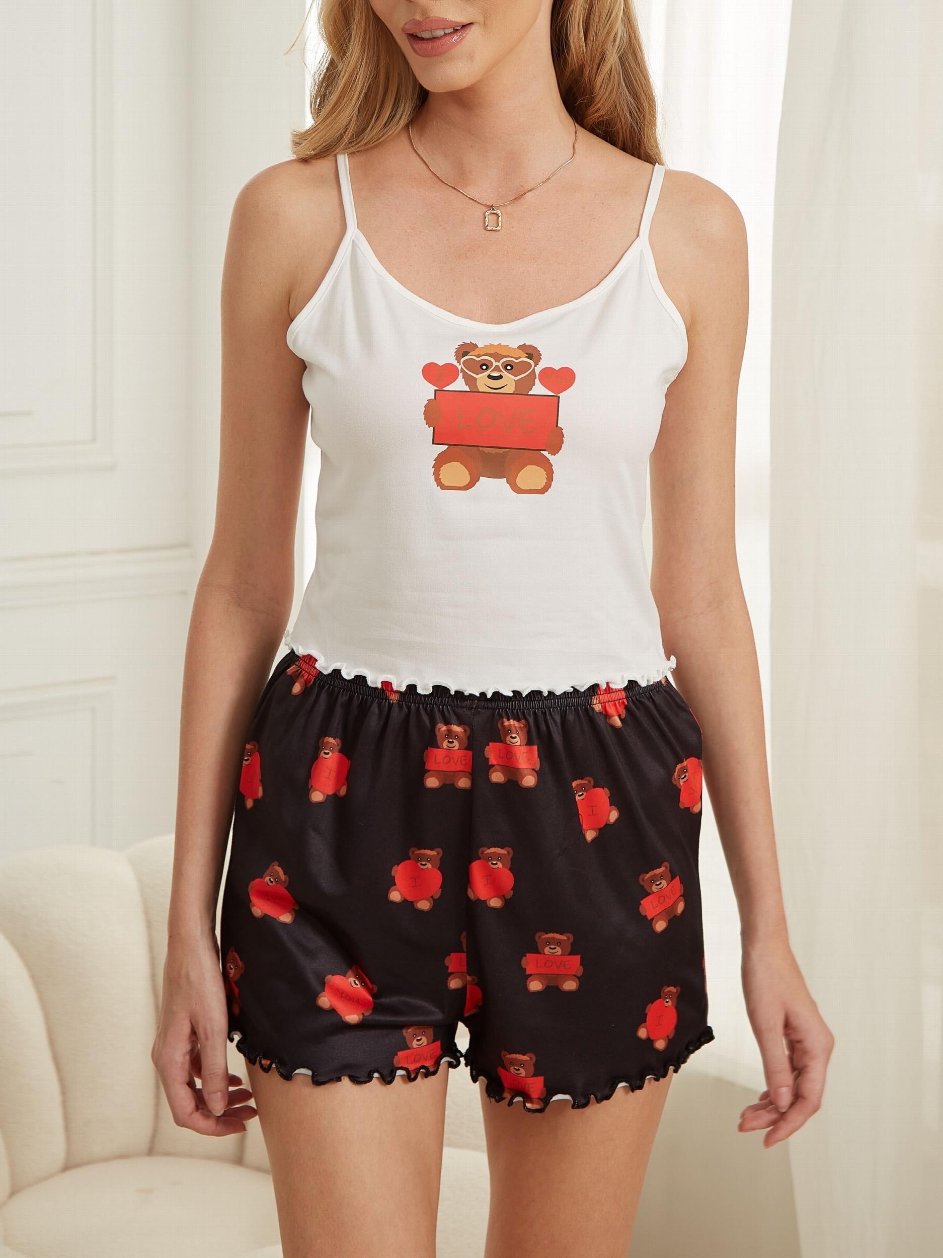 Bear Print Pajama Set Cami Top & Shorts