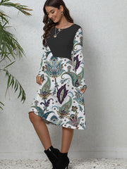 Women's Plus Colorblock Floral Print Long Sleeve Round Neck Dress With Pockets
