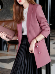 Solid Lapel Beaded Button Blazer Long Sleeve For Office Women's Clothing