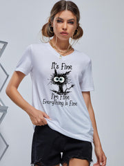 Cartoon Cat V Neck T-shirt for Women