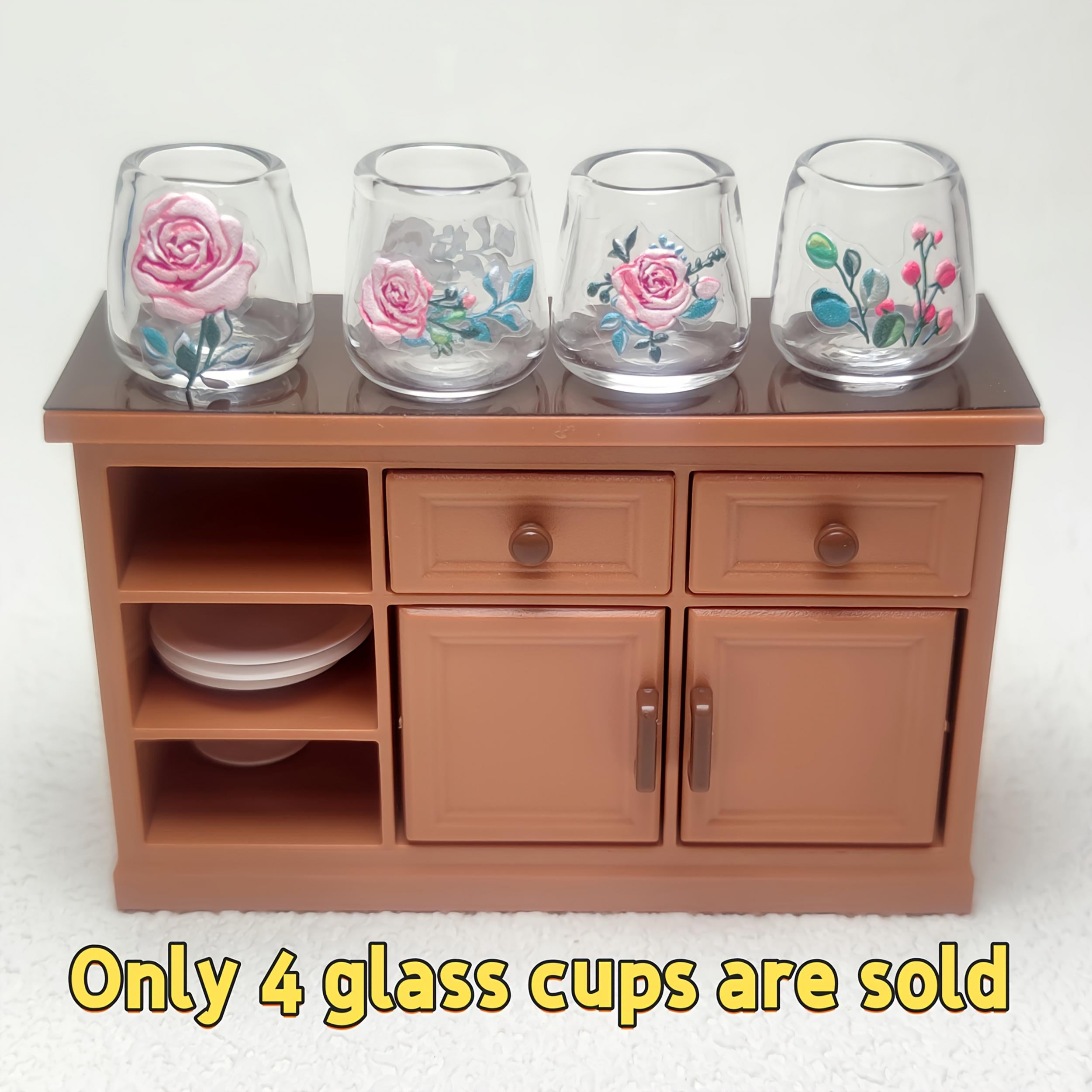 4pcs Glass Cups with Floral Patterns for Dollhouse Kitchen