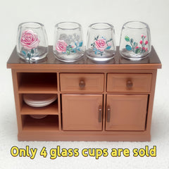 4pcs Glass Cups with Floral Patterns for Dollhouse Kitchen