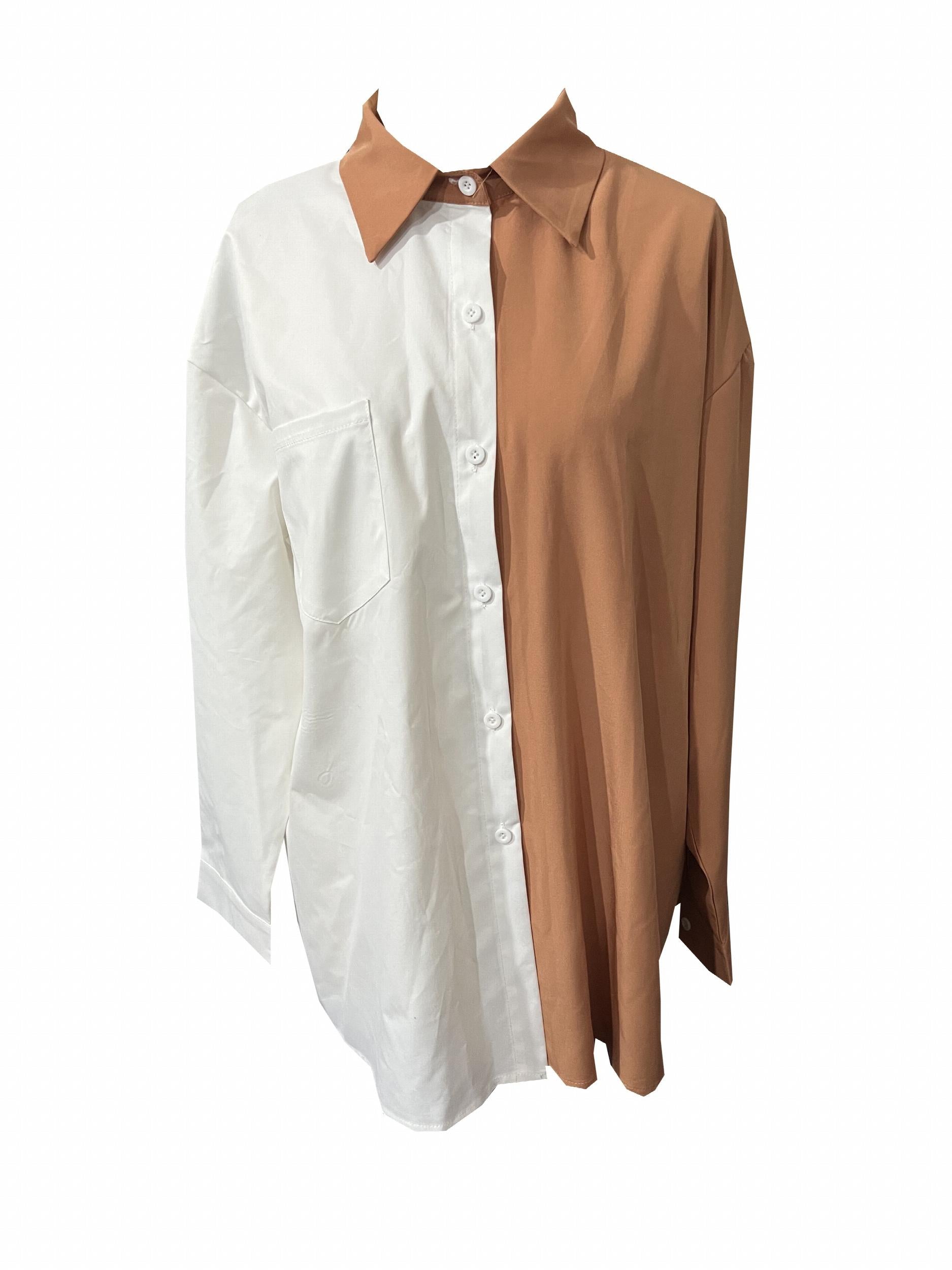 Colorblock Long Sleeve Button Up Blouse
