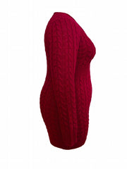 Solid Cable Long Sleeve V Neck Sweater Dress