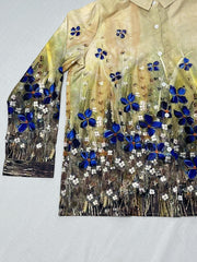 Butterfly & Floral Print Button Up Long Sleeve Blouse
