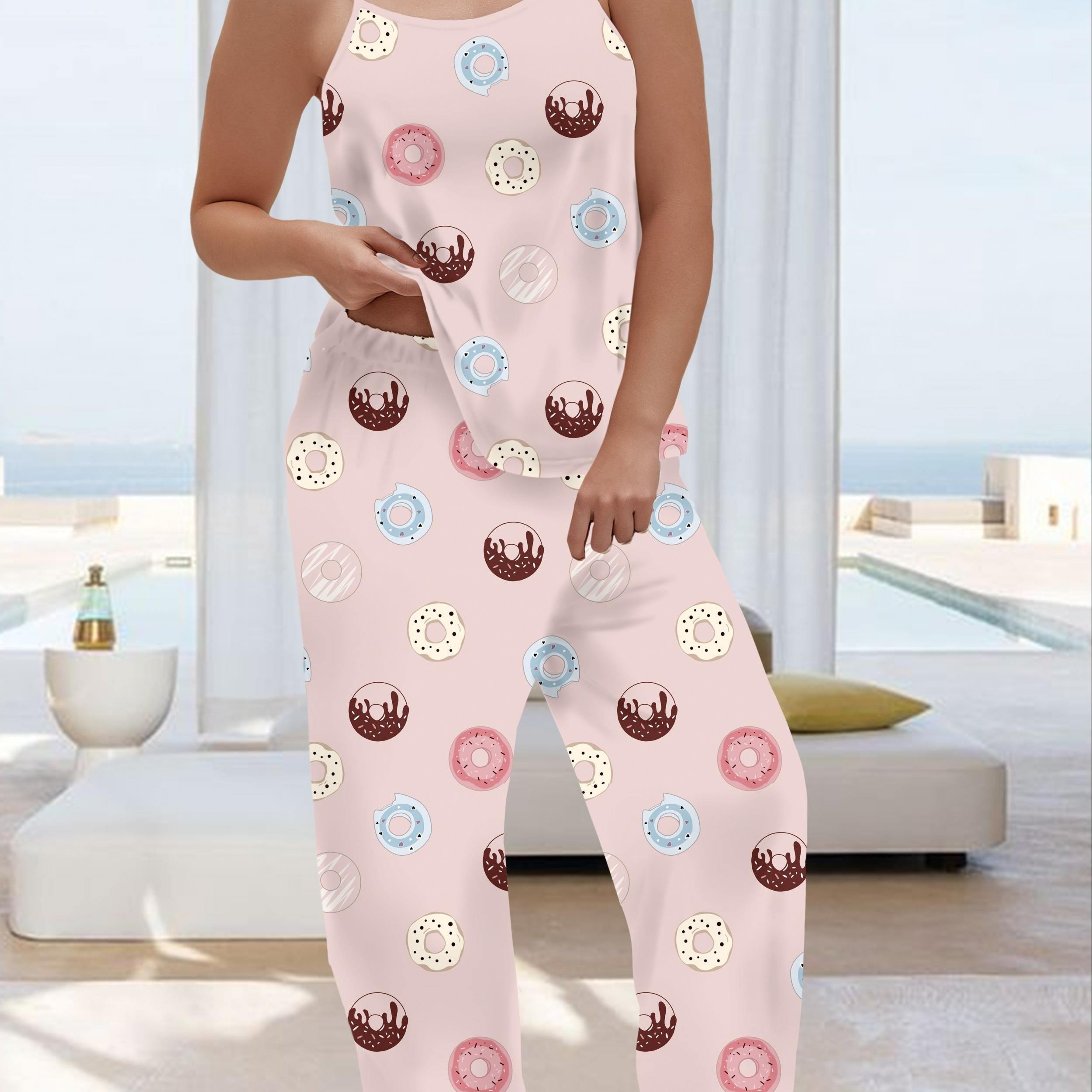 Donut Print Cami Top & Pants Pajamas Set