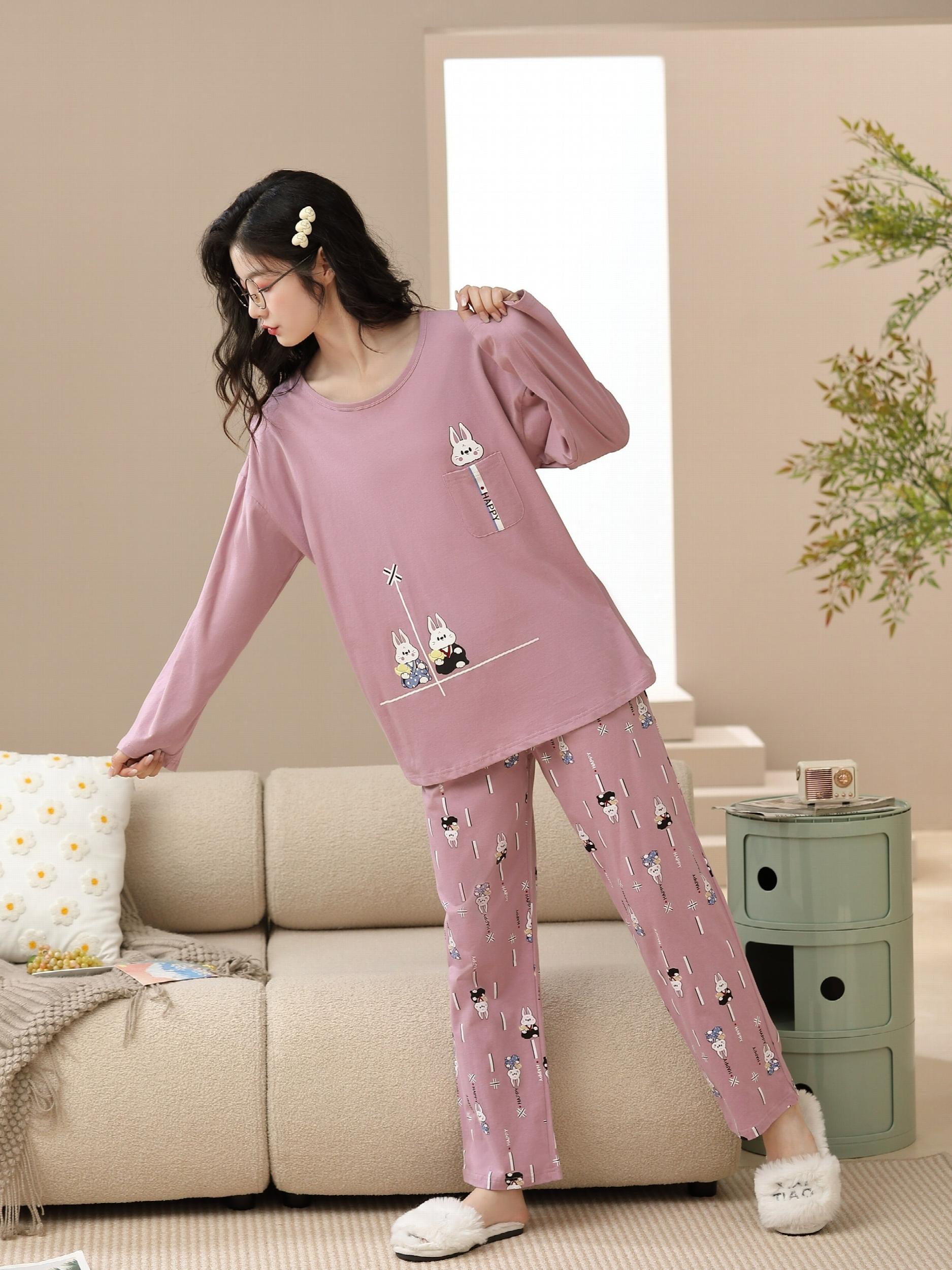 Bunny Print Pajama Set Crew Neck Long Sleeve Top & Pants Women's Sleepwear