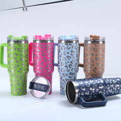 40oz Leopard Print Car Cup Handle Straw Cup Vacuum Tumbler