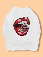 Lips & Skull Pattern Pullover Sweatshirt Long Sleeve Crew Neck Women's Clothing