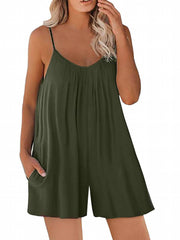 Casual Romper Women's Plus Solid Round Neck Romper With Pockets