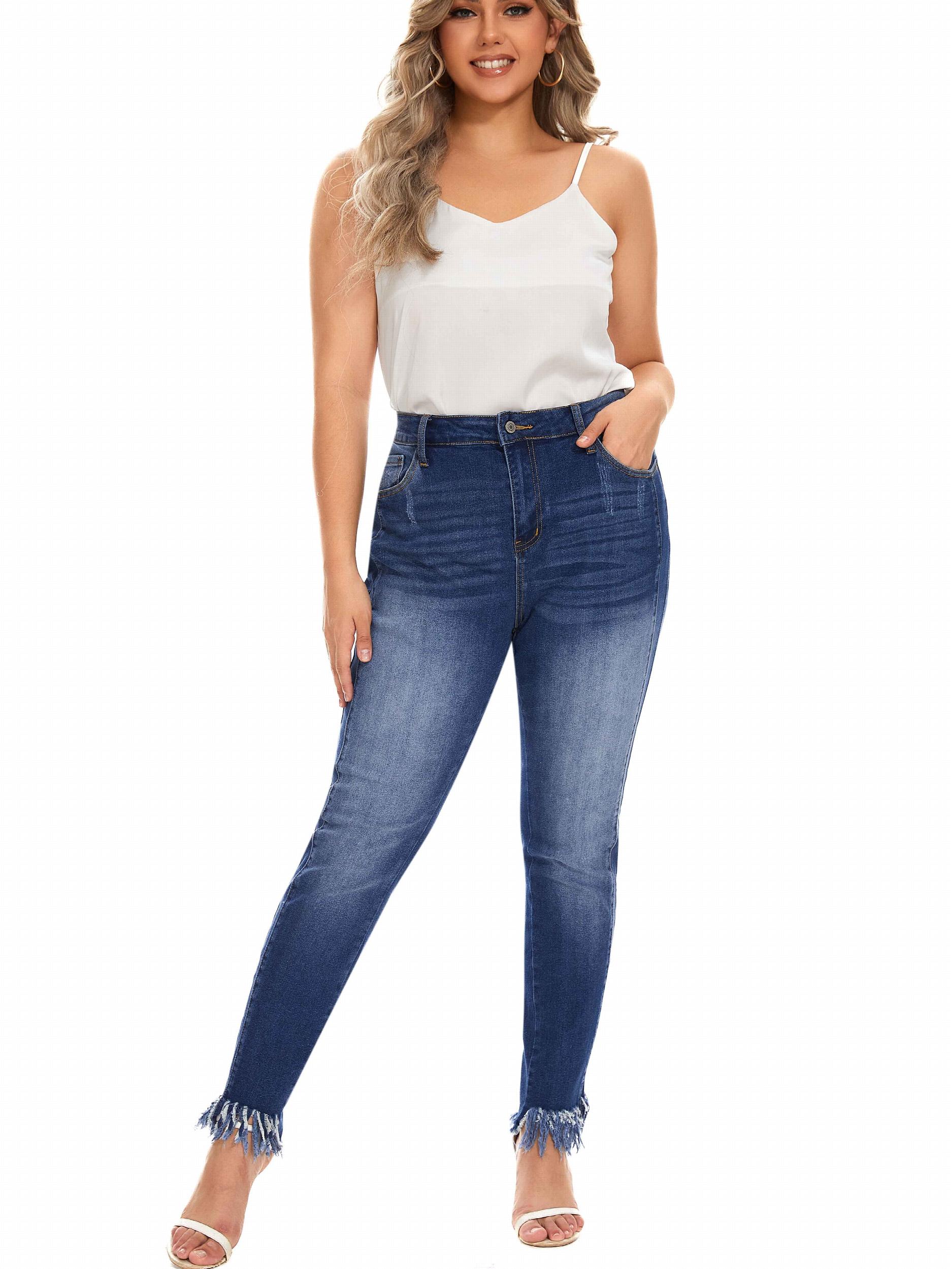 Washed Fringe Trim High Stretch Skinny Jeans
