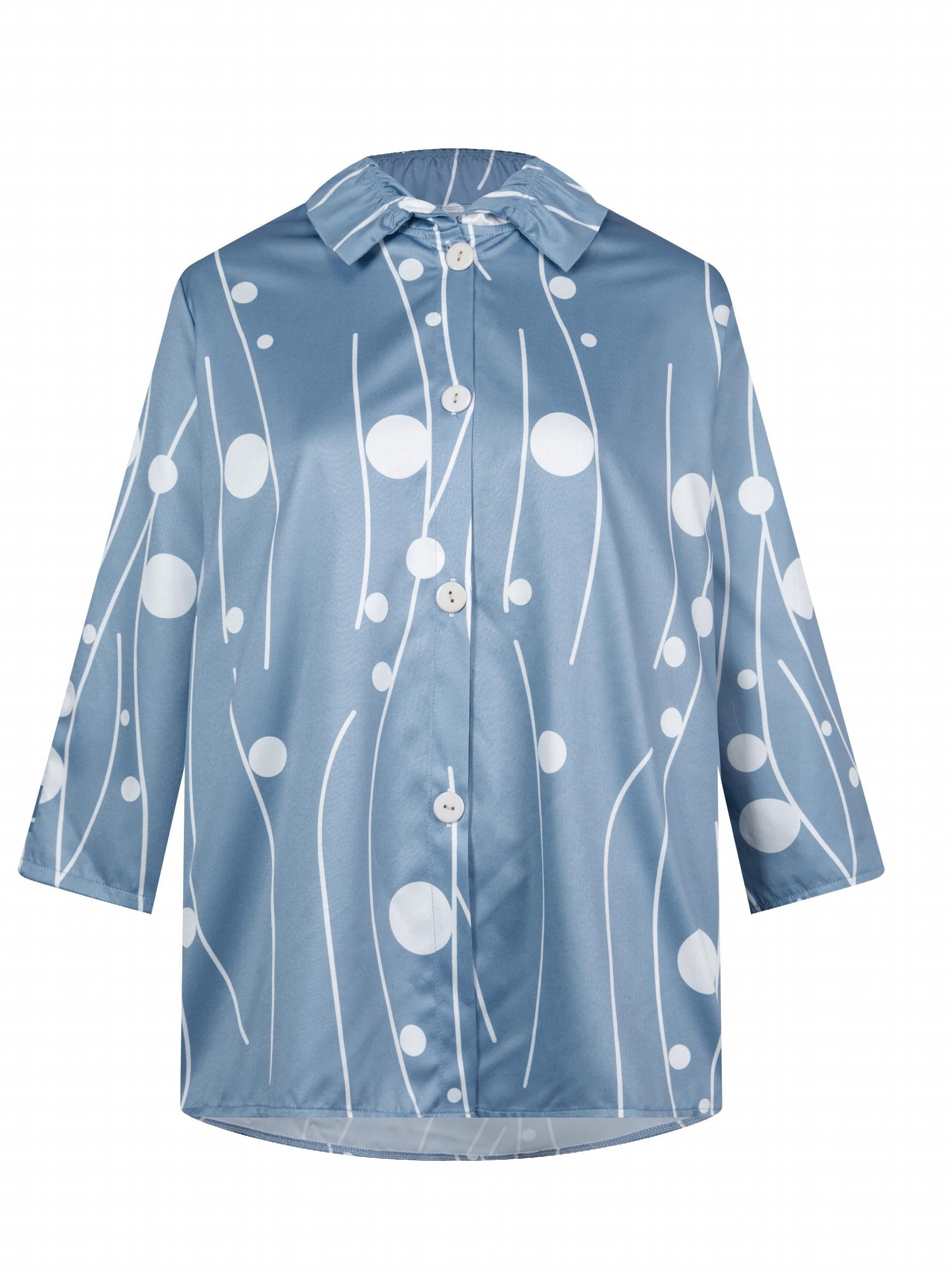 Dot & Stripe Print Button Up 3/4 Sleeve Ruffle Trim Shirt
