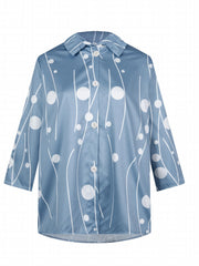 Dot & Stripe Print Button Up 3/4 Sleeve Ruffle Trim Shirt