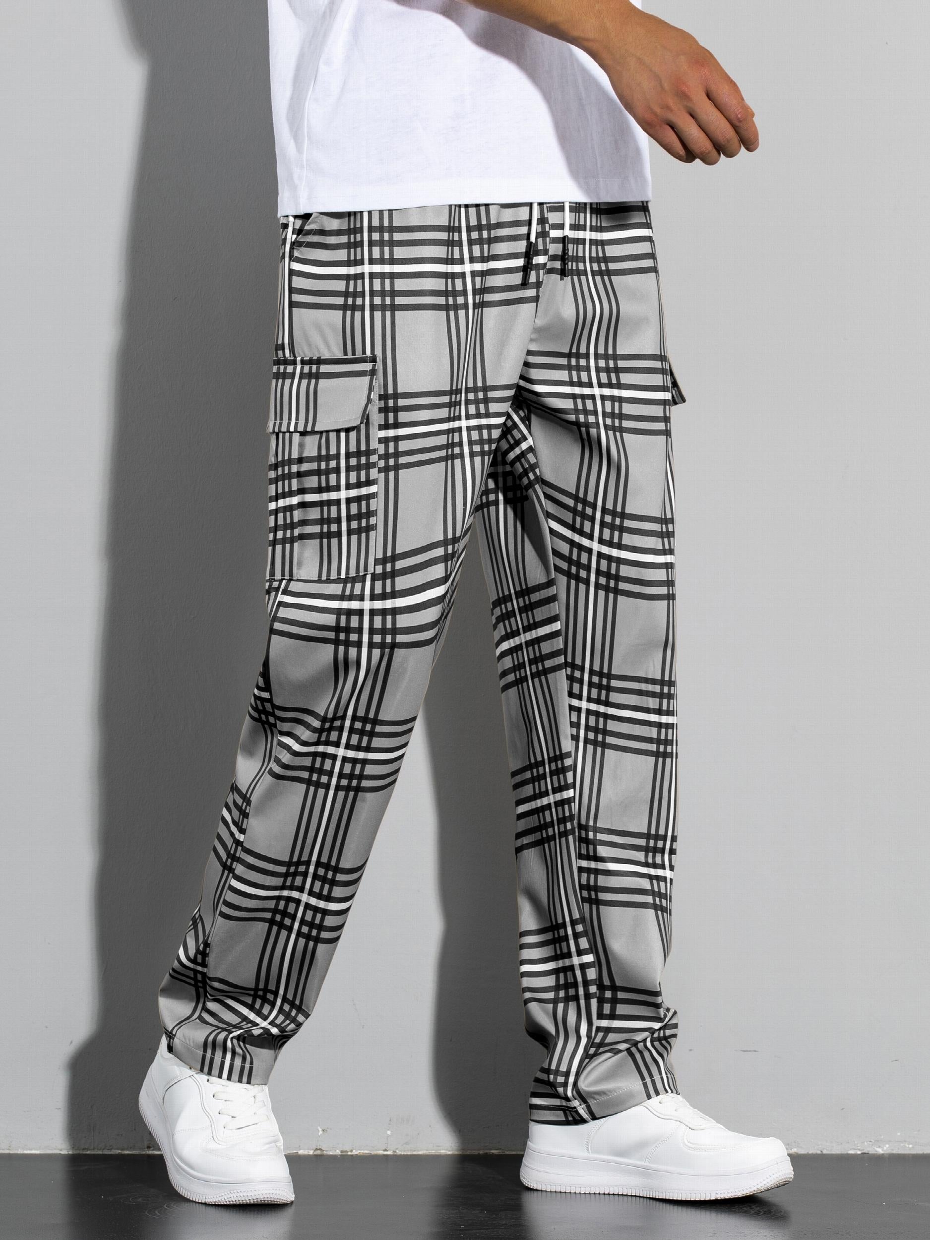 Vintage Plaid Cargo Pants Men's Flap Pocket Straight Trousers