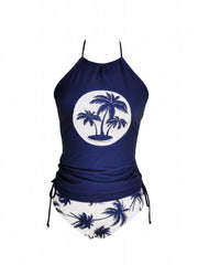 Coconut Tree Print 2 Piece Tankini Swimsuit Navy
